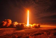rocket launches into the sky a missile launch at night photo