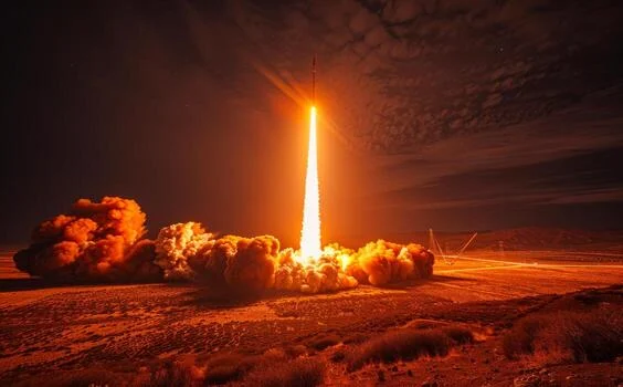 پاسخ موشکی و پهپادی ایران به حملات امریکا 1 rocket launches into the sky a missile launch at night photo